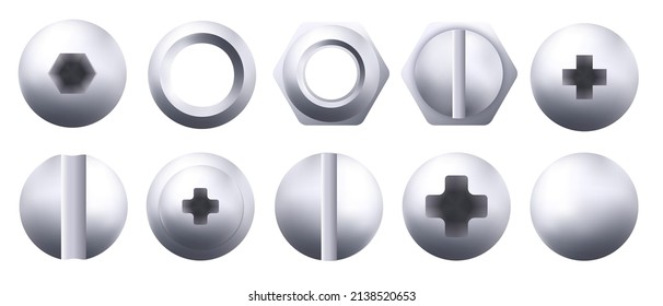 Metal screw head Icons, steel bolts, nuts, nails and rivets top view isolated on white. Vector illustration set