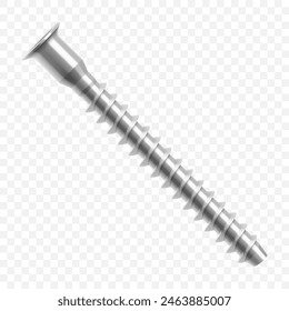 Metal screw isolated on transparent background. It is used for a screed for connecting parts made of wood. Realistic 3d Vector illustration