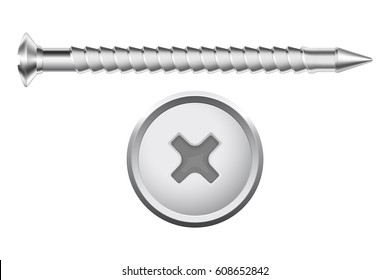 Metal screw with phillips screw drive. Vector 3d illustration isolated on white background