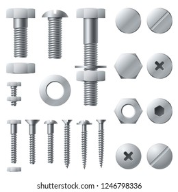 Metal screws. Bolt screw nut rivet head steel construction elements. Grey realistic bolts isolated vector set