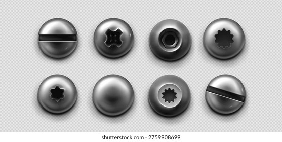 Metal screws and bolts with different head types, realistic vector illustration top view. 3d steel hardware elements, nuts and rivets with silver polish effect isolated on transparent background - Powered by Shutterstock - Get 15% off with code: PIKWIZARD15