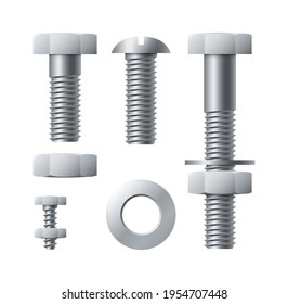 Metal screws. Stainless realistic bolts with tightened nuts, iron threaded nails with polygonal and round heads. Silver colored hardware assortment building equipment vector isolated set