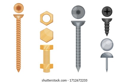 Metal Screws with Steel Bolts and Nails Vector Set