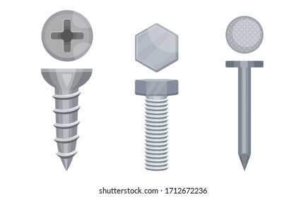 Metal Screws with Steel Bolts and Nails Vector Set