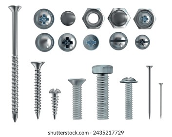 Metal screws, steel bolts, nuts, nails and rivets