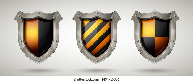 Metal security shield with black and yellow stripe. Realistic style. Isolated background. Network, cyber security or information protection concept for poster, web design, banner, icon, logo or badge.