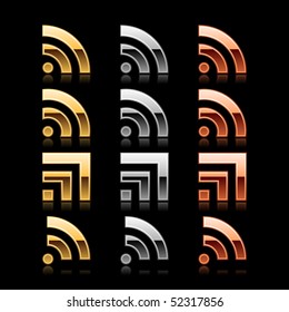 Metal set web button with RSS symbol and reflectiom on black