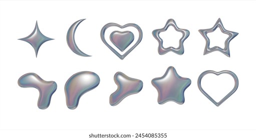 metal shapes in y2k style on transparent background	