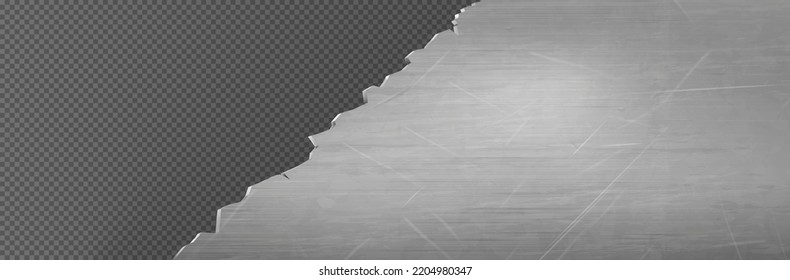 Metal sheet with torn edge, rip of steel page with scratched grunge texture. Horizontal banner template with break of steel plate isolated on transparent background, vector realistic illustration svg