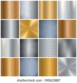 Metal sheets texture realistic big icons set with various surface finish in gold and silver isolated vector illustration 