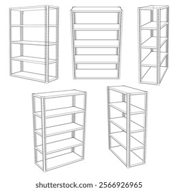 Metal Shelf Line Art Vector Illustration on White Background. Simple Yet Detailed Design for Industrial, Warehouse, and Home Storage