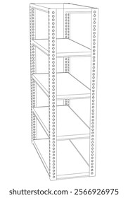 Metal Shelf Line Art Vector Illustration on White Background. Simple Yet Detailed Design for Industrial, Warehouse, and Home Storage