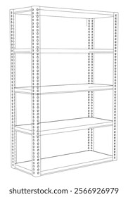 Metal Shelf Line Art Vector Illustration on White Background. Simple Yet Detailed Design for Industrial, Warehouse, and Home Storage