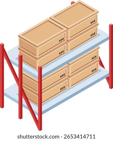 Prateleiras de metal com caixas de papelão colocadas em dois níveis, simbolizando armazenamento, logística e envio em um ambiente de depósito, garantindo o gerenciamento organizado de estoque