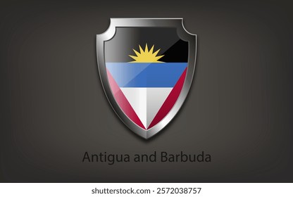 Metal shield with ANTIGUA AND BARBUDA flag. Vector illustration.