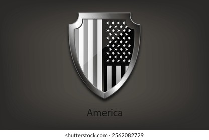 Metal shield with black and white flag of the United States of America. Vector illustration.