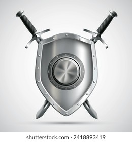 Metal shield with a coded wheel lock and swords. Isolated on white background. Stock vector illustration