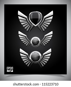 Metal Shield emblem with wings. Vector illustration.