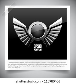 Metal Shield emblem with wings. Vector illustration.