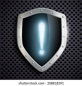 metal shield with an exclamation mark