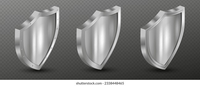 Escudo metálico con ilustración vectorial realista de marco. Colección de armadura militar en frente, vista lateral aislada en un fondo transparente. Panel metálico de acero plateado en blanco