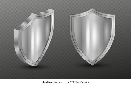 Metal shield with frame realistic vector illustration. Collection of military armor in front, side view isolated on transparent background. Blank silver steel metallic panel