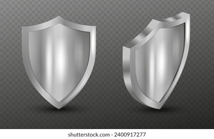 Metal shield with frame realistic vector illustration. Collection of military armor in front, side view isolated on transparent background. Blank silver steel metallic panel