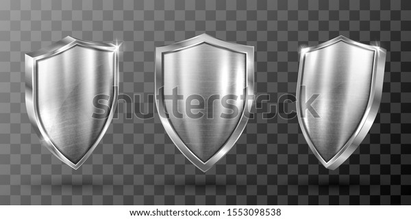 Metal shield with frame realistic vector
illustration. Blank silver steel metallic panel with reflection
glow, award trophy or certificate template, front side view
isolated on transparent
background