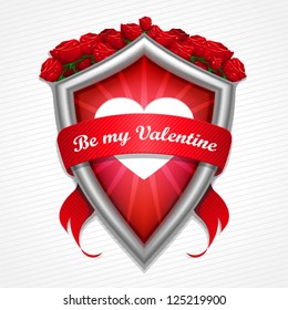 Metal shield heart shape with red roses, red ribbon banner and words: "Be my Valentine" in english Relationship Anniversary