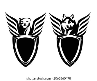 metal shield holded by panther and wolf with stylized striped wings - black and white vector security concept heraldic design set