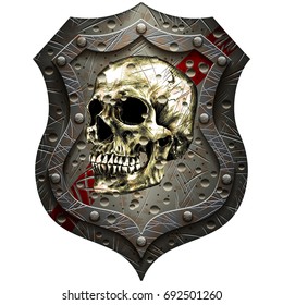 Metal shield with human skull in retro style