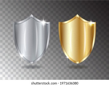 Metal shield icon. Silver gold knight shield, ancient protective armor, protection symbol, realistic 3d vector illustration