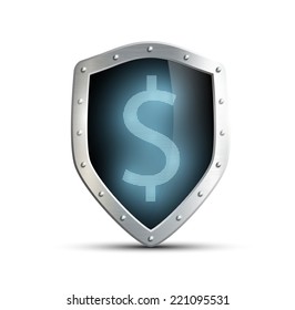 metal shield with the image of dollar. isolated on white background