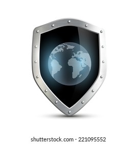 metal shield with the image of planet earth. isolated on white background