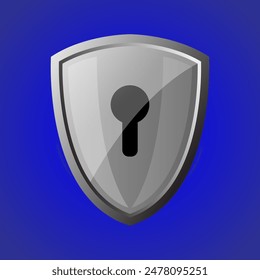 Metal shield with keyhole isolated on blue background