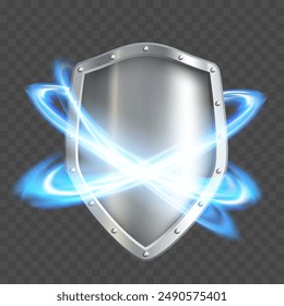 Metal shield with a light beam and lightning around. Isolated on transparent background. Vector stock illustration