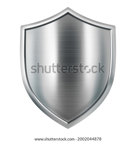 Metal shield. Medieval armor. Icon protection and security.  3d realistic vector, Isolated on white background.