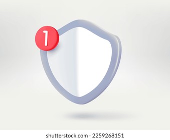 Metal shield with notification icon. 3d vector illustration