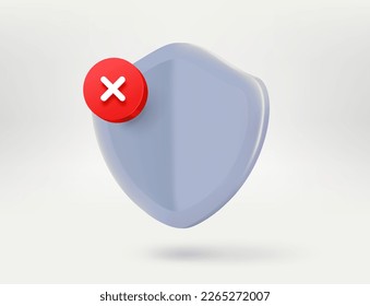 Metal shield with red cross mark. 3d vector illustration