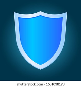 Metal shield shape icon. 3D neon blue emblem sign isolated on dark background. Symbol of power security and protection. Badge shield shape vector design illustration