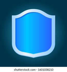 Metal shield shape icon. 3D neon blue emblem sign isolated on dark background. Symbol of power security and protection. Badge shield shape vector design illustration