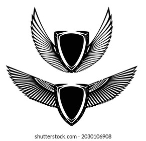 Metal Shield And Stylized Feathered Wings Spread Wide - Black And White Vector Security Concept Heraldic Design Set