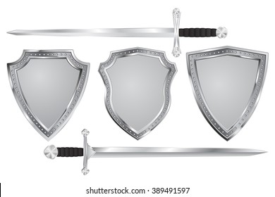 Metal shield with swords. Vector isolated on white background. Illustration.