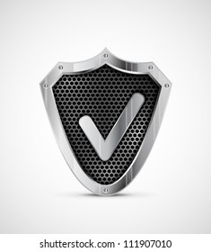 Metal shield with tick. Vector protection icon