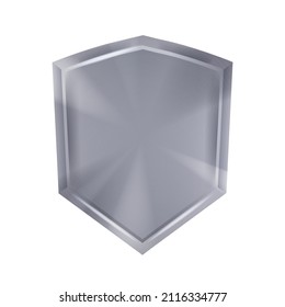 Metal shield vector illustration, silver badge icon steel chrome guard isolated on white, defense armor. Game UI winner label, heraldic symbol, antivirus safety logo secure frame. Metal shield clipart