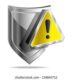 Metal shield with yellow warning symbol - icon isolated on white background. Vector illustration