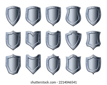 Metal shields 3D set different shapes security metallic icon. Power protection business concept safety symbol. Police badge template. Logo knight heraldic award medieval royal guard vintage shield