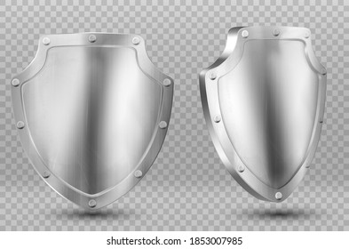 Metal shields, blank silver or steel metallic screens with frames and rivets and reflection glow. Award trophy front and side view isolated on transparent background, Realistic 3d vector illustration.