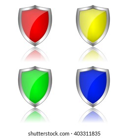 Metal shields, colored. Shields on a white background. Vector illustration.