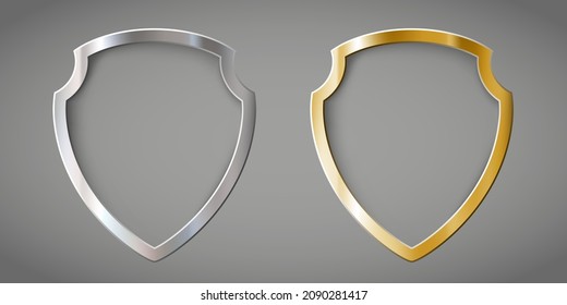 Metal shields isolated on gray background. Frame templates set. Vector illustration